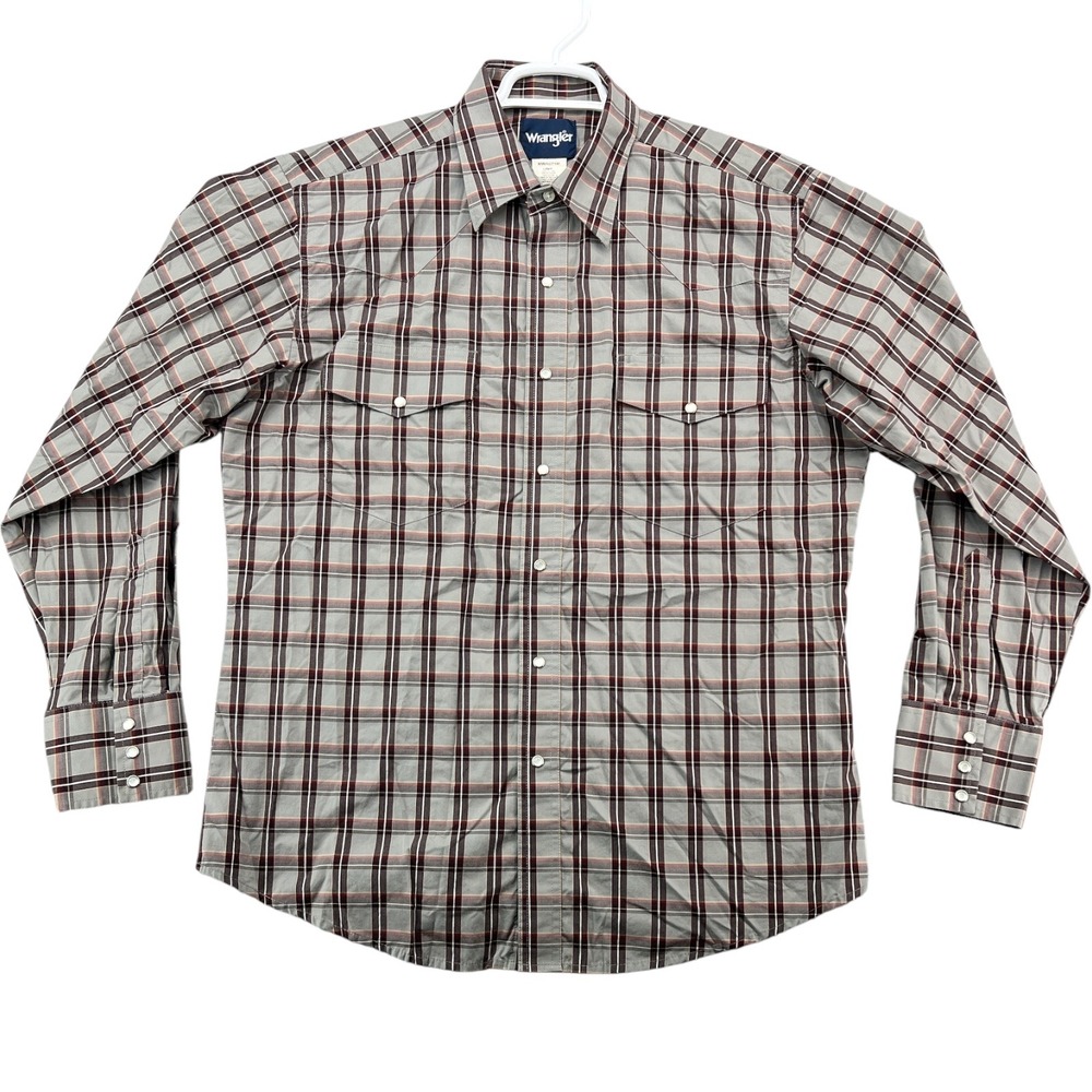Wrangler Mens Western Plaid Snap Front Shirt Grey Burgundy MWR071M Large L